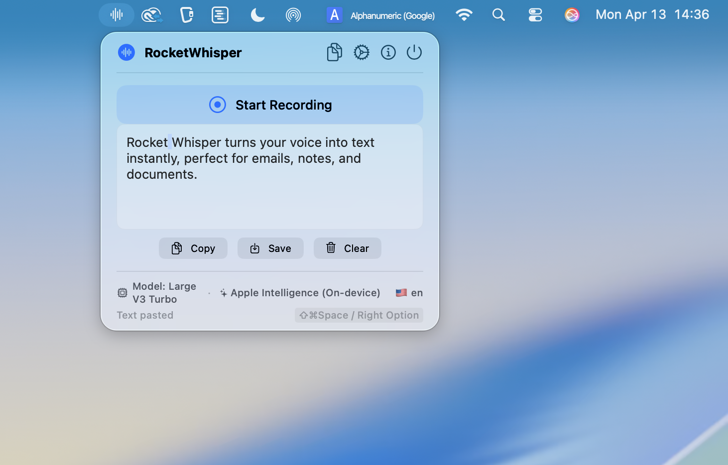 RocketWhisper main popover