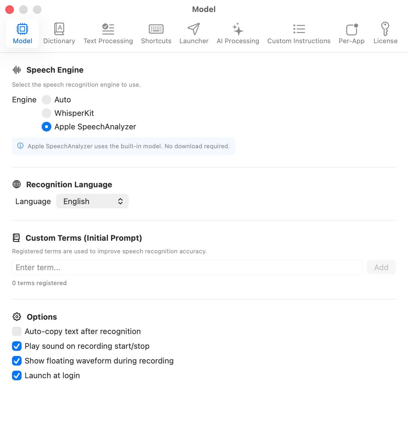 Model tab - speech engine selection