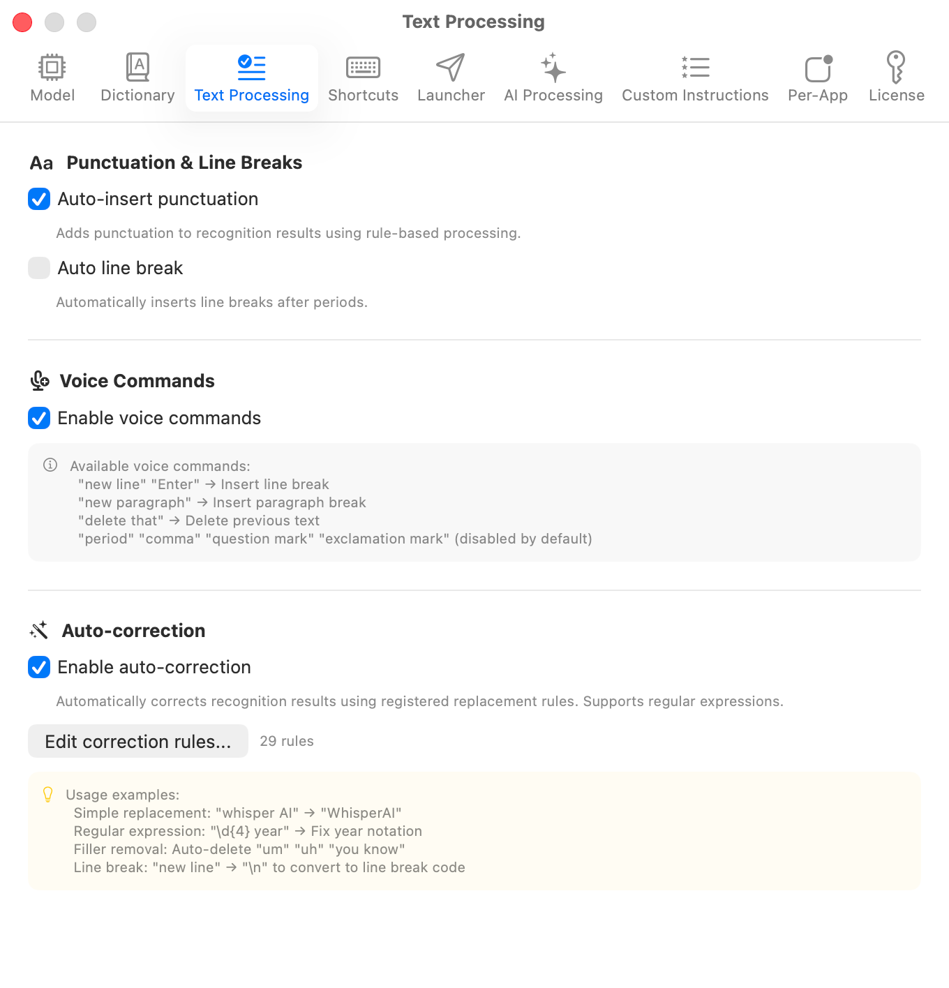 Text Processing tab - punctuation, dictionary, corrections