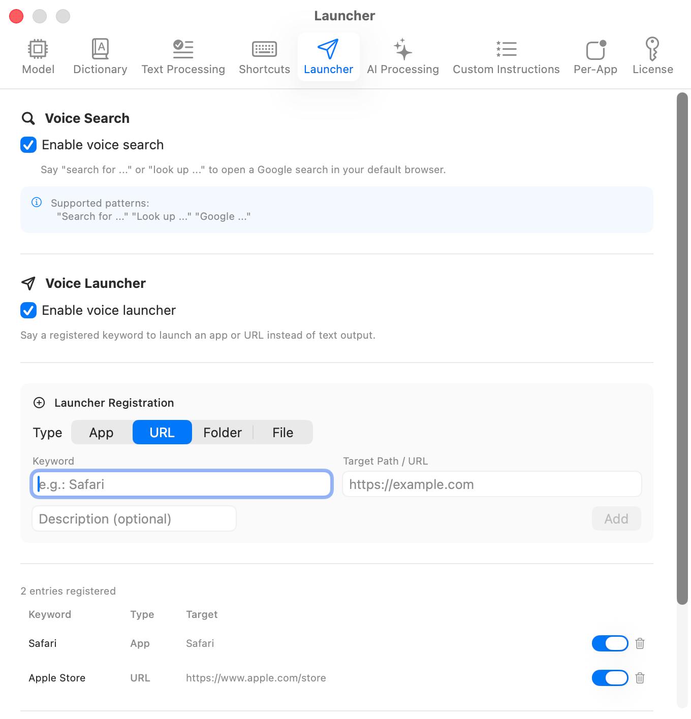 Launcher tab - voice commands and voice launcher