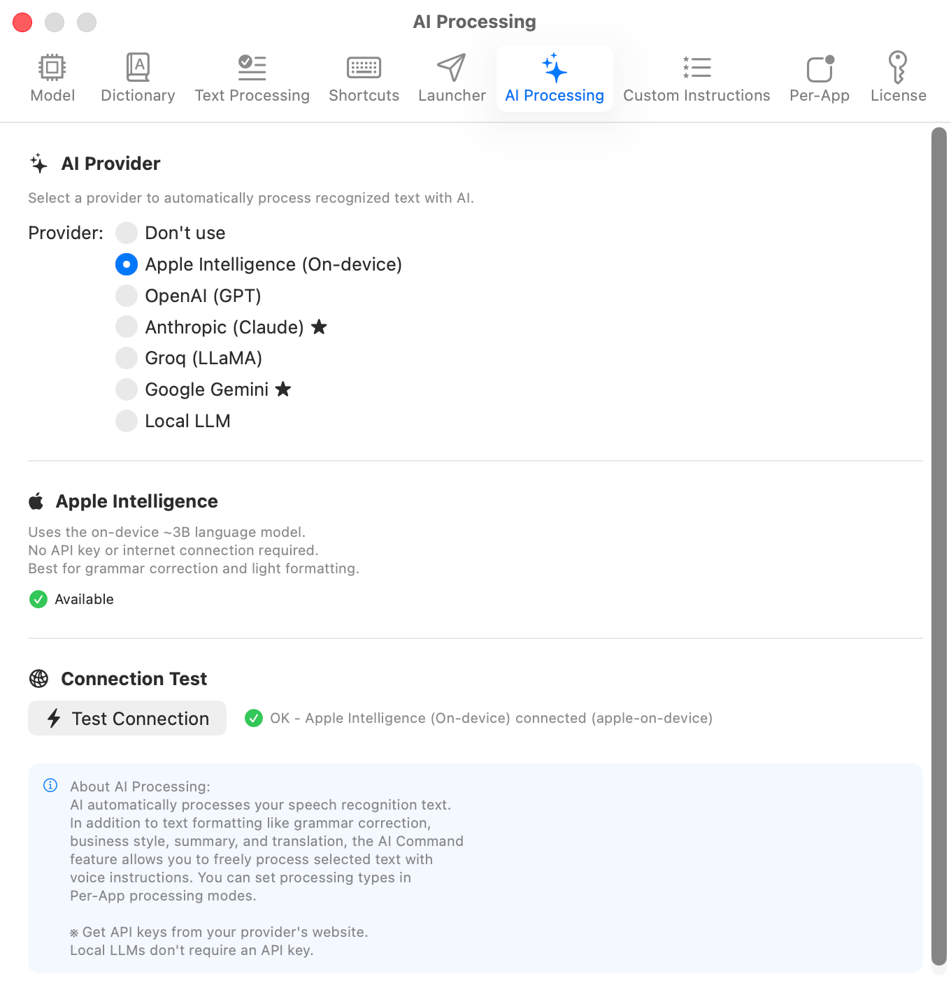AI Processing tab - LLM formatting and custom instructions