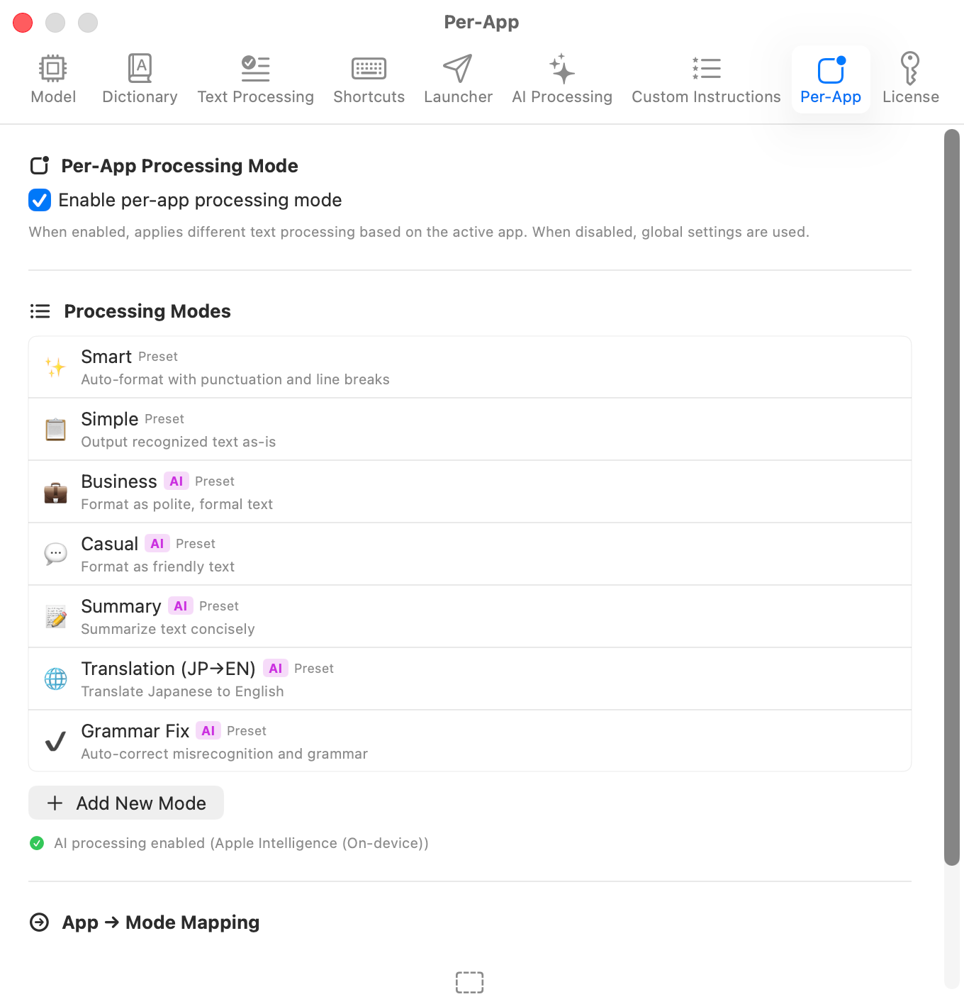 Per-App tab - per-application processing modes