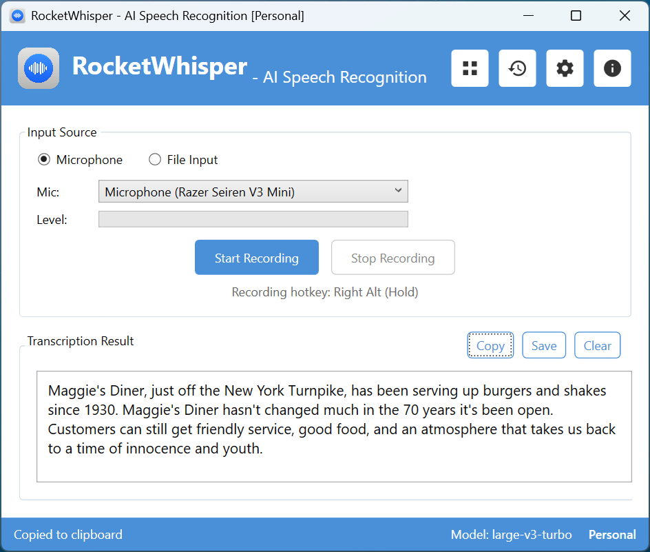 RocketWhisper Main Window - Real-time speech recognition with transcription result