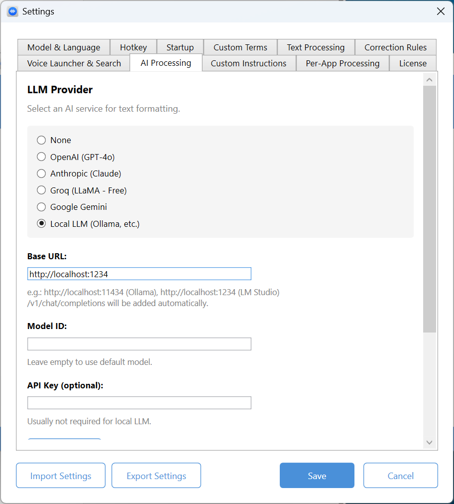 RocketWhisper Settings - AI Processing with LLM provider selection