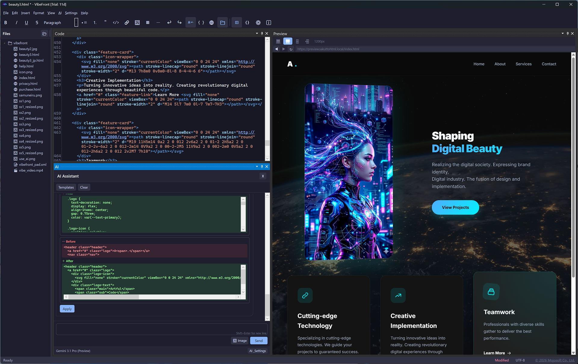VibeFront editor — code, preview, and AI chat in 3-pane layout